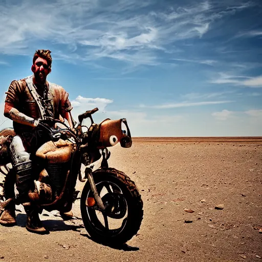 Prompt: Post Apocalyptic scavenger riding a motorcycle in a large desert