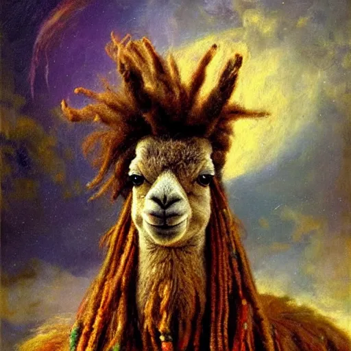 Prompt: detailed space portrait of a llama with dreadlocks, realistic creature concept, heroic pose, glowing starts in background, Ilya Repin oil painting