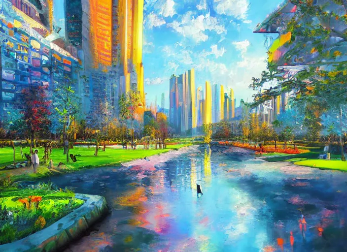 Image similar to bright beautiful oil painting of a futuristic city park by Viktor Tsvetkov