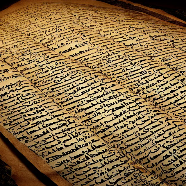 Image similar to ultra - realistic disconcerting photo of a partially damaged dead sea scroll with nabeatean aramaic in sideways columns, dark, brooding, volume lighting, atmospheric lighting, painted, intricate, ultra detailed, well composed, best on artstation, cgsociety, epic, stunning, gorgeous, intricate detail, wow, masterpiece