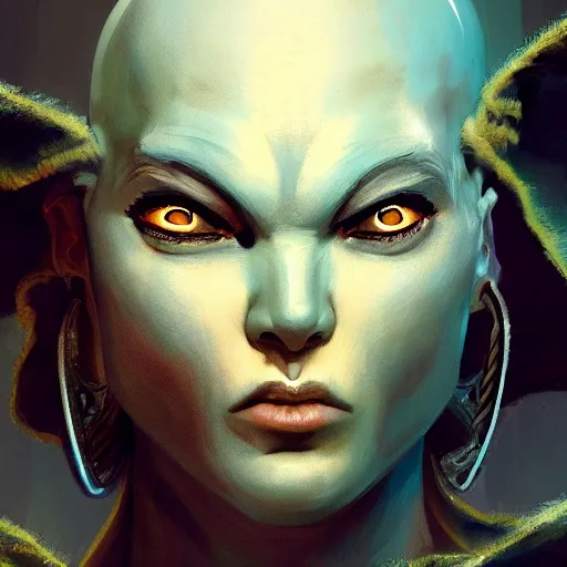 Prompt: portrait jovial female goliath from Dungeons and dragons, bald monk, blue skin, monk robes, white eyes, andrei riabovitchev, nuri iyem, james gurney, james jean, greg rutkowski, highly detailed, soft lighting 8k resolution