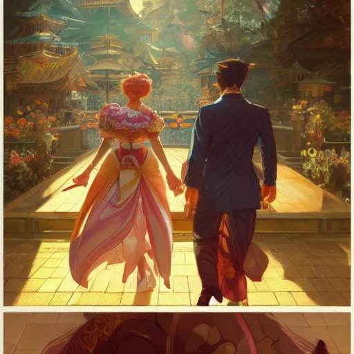 Prompt: link and princess peach in a scene from yakuza, artstation, concept art, smooth, sharp focus, illustration, art by and greg rutkowski and alphonse mucha