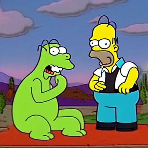 Prompt: homer simpson and pickle rick smoking a blunt