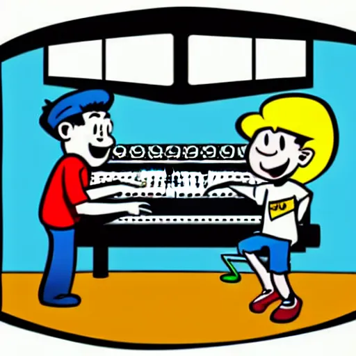 Image similar to cartoon illustration of a kid on a music studio mixing console in the style of The Beano