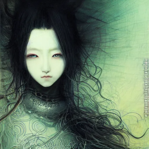 Image similar to yoshitaka amano blurred and dreamy realistic illustration of a young japanese woman with black eyes, wavy white hair fluttering in the wind wearing elden ring armor with engraving, abstract patterns in the background, satoshi kon anime, noisy film grain effect, highly detailed, renaissance oil painting, weird portrait angle, blurred lost edges, three quarter view