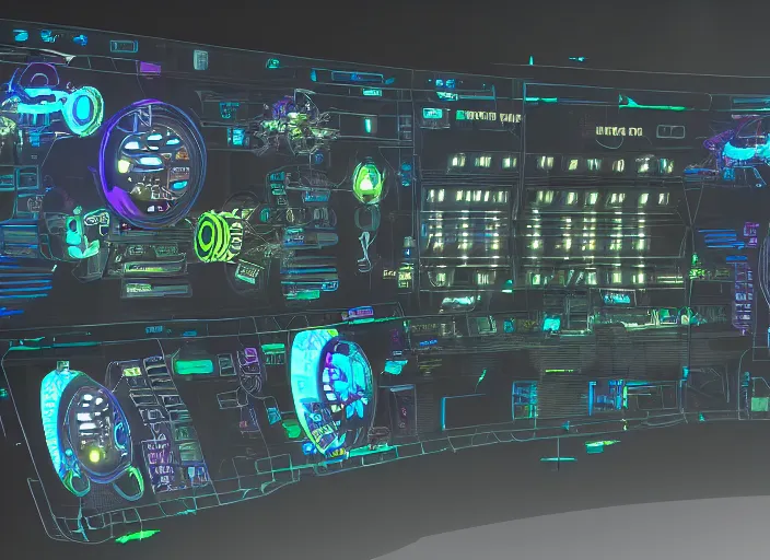 Prompt: cyberpunk graphics user interface ( gui ) depicting operational controls of a mech robot. design by mark coleran or jayse hansen