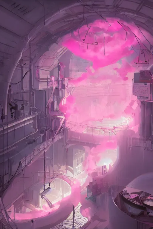 Prompt: Enclosed Chamber being Flooded with Pink Vapor, Machinery, digital art, trending on artstation, celshaded, cute, professional illustration, fantasy, magic