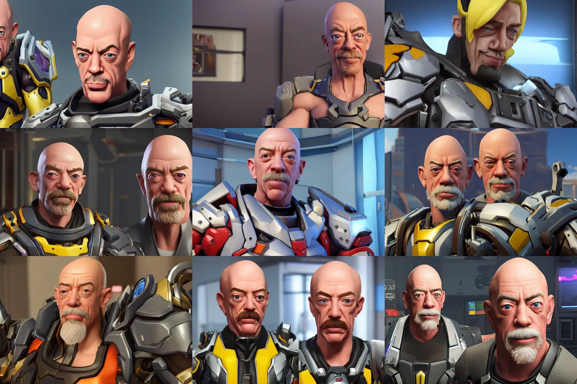 Prompt: a screenshot of jk simmons in the video game overwatch. 3 d rendering. unreal engine. amazing likeness. very detailed. cartoon caricature.