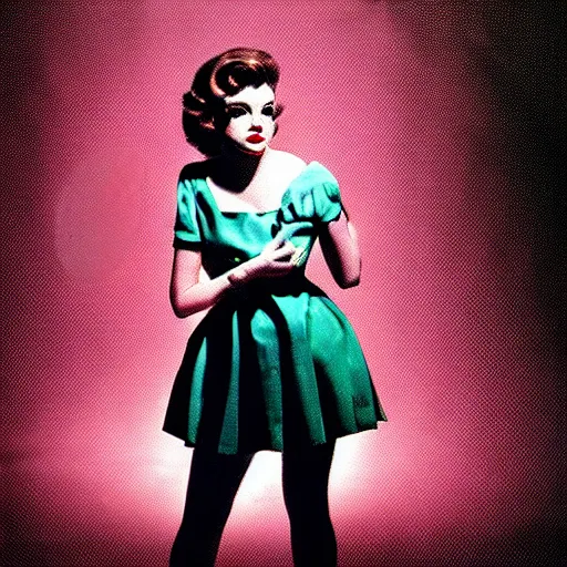 Prompt: Judy Garland photoshoot, 1960s style, groovy background, dramatic lighting, film camera