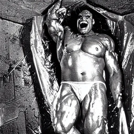 Image similar to 1 9 9 0's wwe publicity photo, a giant muscular man covered in wet reflective slime crawling out of a giant slimy wet cocoon, screaming in agony, inside a secret occult dark evil lab, ultra - detailed, photorealistic