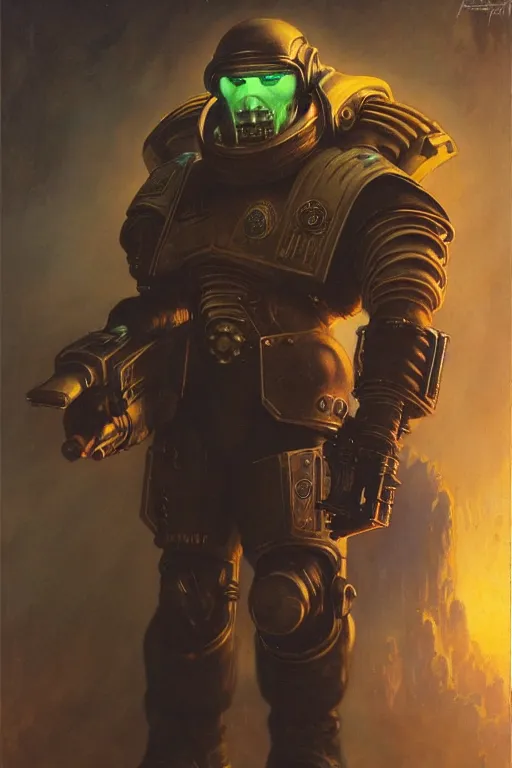 Image similar to character portrait cyberpunk starcraft terran warhammer 4 0 k space marine harrison ford, character design, painting by gaston bussiere, katsuya terada, frank frazetta, tom of finland, trending on artstation