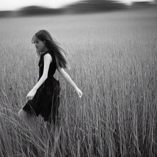 Prompt: highly detailed grapflex photograph of a teenage girl with long brown hair running through a field of sea grass. she is barefoot and wearing a sleeveless floral casual daytime minidress and carrying a suitcase. the exposure is low light and it is dusk. there is motion blur on the girl because it is a slow shutter long exposure. the film should be black and white.