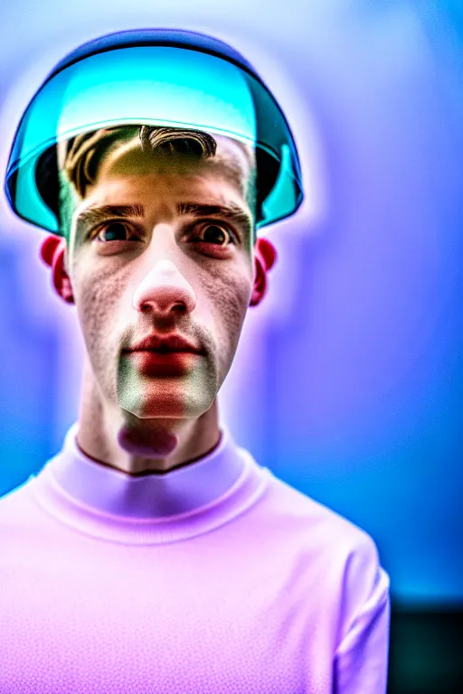 Image similar to high quality pastel coloured film mid angle portrait photograph of a beautiful young 2 0 year old male, soft features, short hair, perspex space visor and oversized inflated clothing!!!! icelandic black! rock pool environment. atmospheric three point light. photographic. art directed. ( pastel colours ). volumetric. clearcoat. waves. 8 k. filmic.