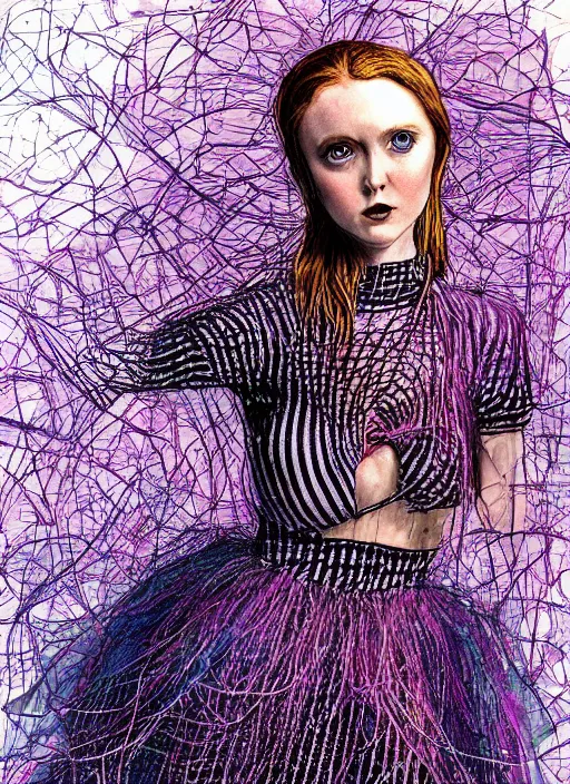 Image similar to surrealism psychedelic full body portrait sketch of lily cole as delirium of the endless in fishnet top and tutu skirt from the sandman, by alex ross, josh kirby, detailed, elegant, intricate