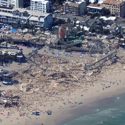 Image similar to santa monica pier completely destroyed, helicopter coverage, photo from above, news coverage, sadness, cnn news