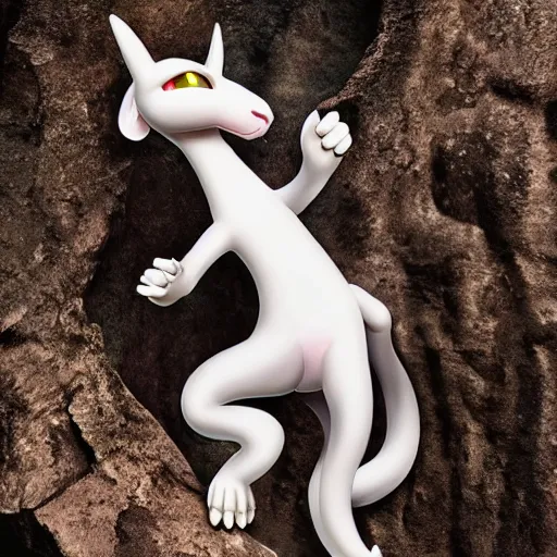 Image similar to national geographic professional photo of mewtwo, award winning