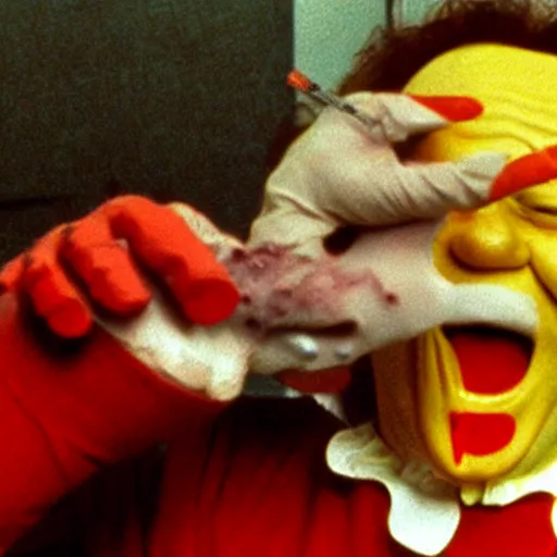 Image similar to ronald mcdonald putting the lotion on its skin or else it gets the hose again, horror, vhs quality, realistic, dutch angle