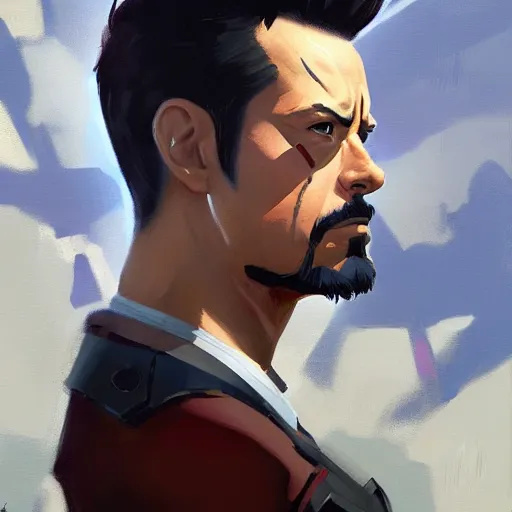 Image similar to greg manchess portrait painting of tony stark as overwatch character, totally whack, medium shot, asymmetrical, profile picture, organic painting, sunny day, matte painting, bold shapes, hard edges, street art, trending on artstation, by huang guangjian and gil elvgren and sachin teng