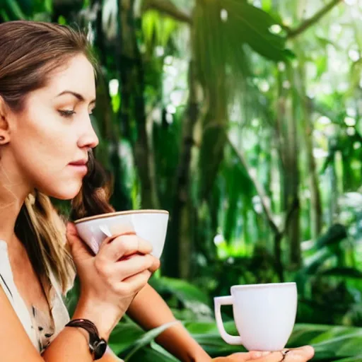 Prompt: woman drinking coffee in jungle, good lighting