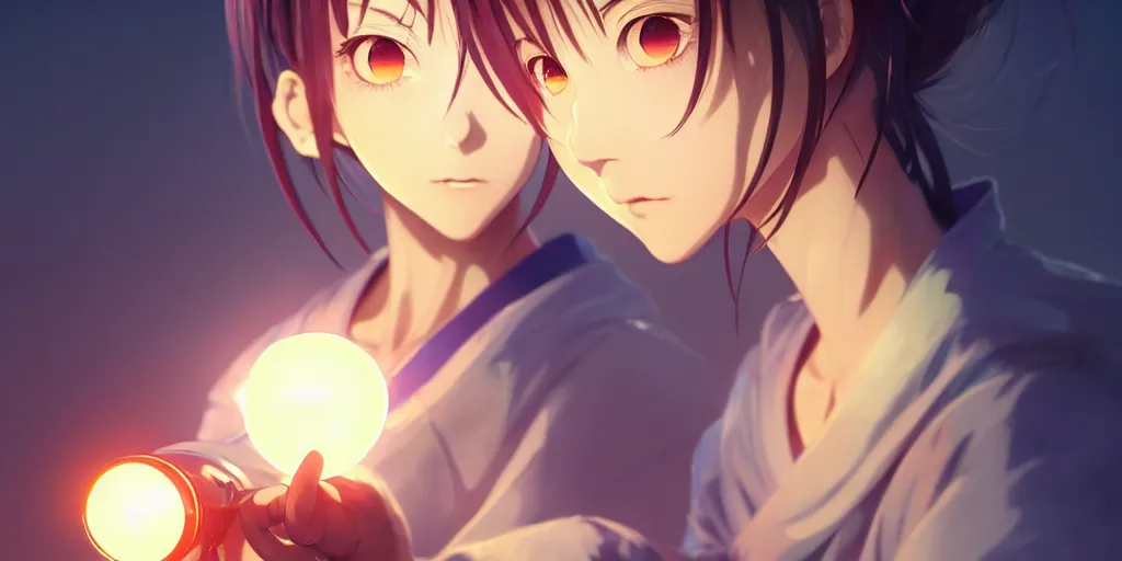 Image similar to a single beautiful anime girl holding a light source inside her hand, she wears samurai armor, expert high detail concept art, character design, perfect proportions defined face, vivid colors, photorealistic shaded lighting poster ilya kuvshinov, katsuhiro, makoto shinkai, wlop, loish and clamp style, trending on artstation, best selling artist