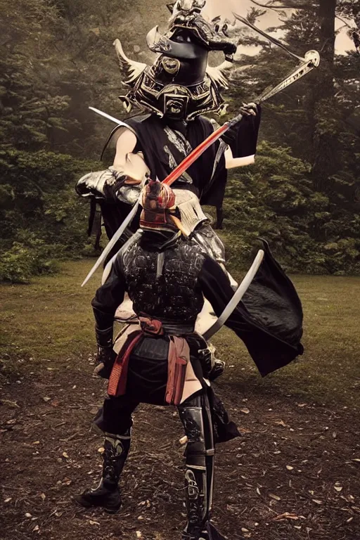 Prompt: a godlike and indomitable helmeted and masked samurai posing with their realistic detailed katana and wakizashi riding an enormous dragon. Giant dragon coming up in background. Badass pose. Photo realistic. Gregory Crewdson. Award winning. Masterpiece, exquisite detail, post processing