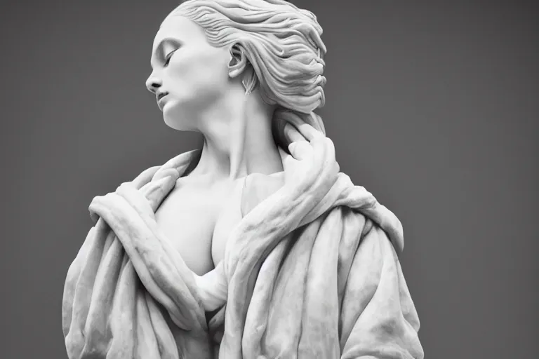 Image similar to well lit fashion shoot portrait of extremely beautiful female marble statue wearing huge over size puffer jacket by dingyun zhang, yeezy, balenciaga, vetements, a cold wall, sharp focus, clear, detailed,, cinematic, detailed, off white, glamourous, symmetrical, vogue, editorial, fashion, magazine shoot, glossy