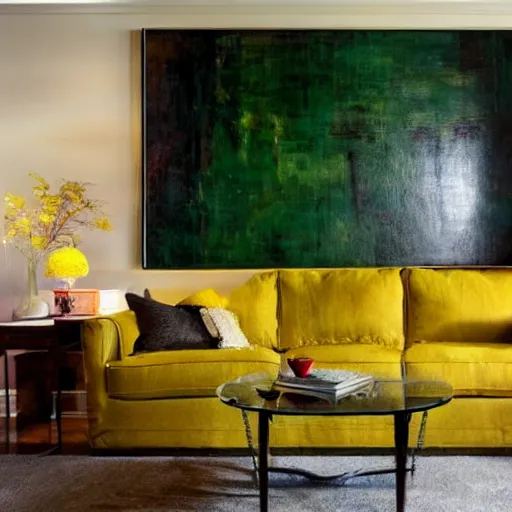 Prompt: a modern living room with green sofa, red carpet and yellow table, painting by jeremy mann