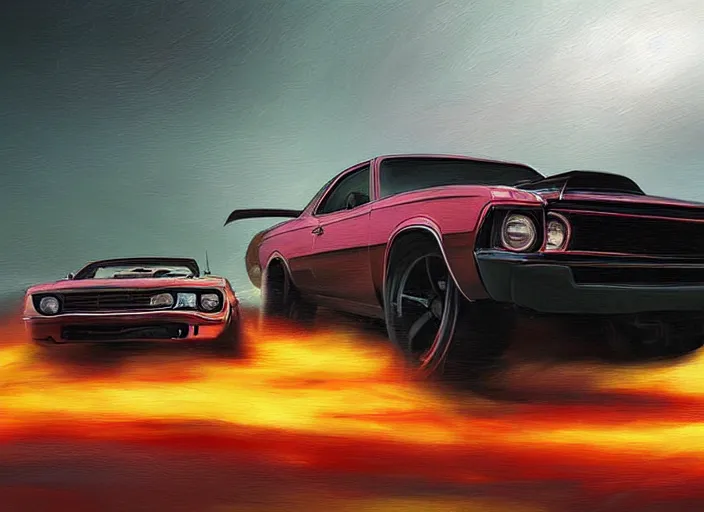 Prompt: a scary muscle car with weapons and nitrous speeding through a highway and crashing cars off the road, intense cinematic digital painting with masterful composition and brush strokes