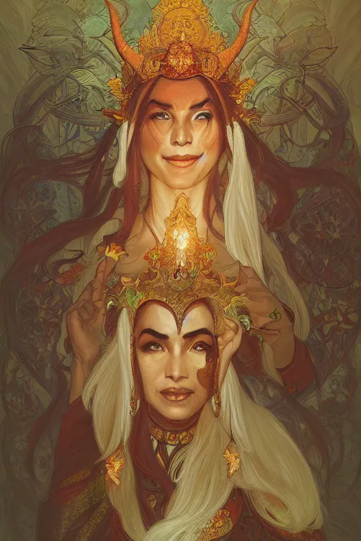 Prompt: portrait of the dalai lama as a demon elf queen, forest, godlike, upper body, fantasy, intricate, elegant, highly detailed, digital painting, artstation, concept art, sharp focus, illustration, art by artgerm and greg rutkowski and alphonse mucha