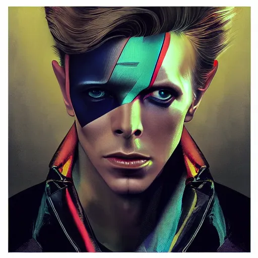 Image similar to young David Bowie, techwear, android, abstract album cover, artists portrait, highly detailed, digital painting, concept art, sharp focus, depth of field blur, illustration, art by artgerm and greg rutkowski and alphonse mucha