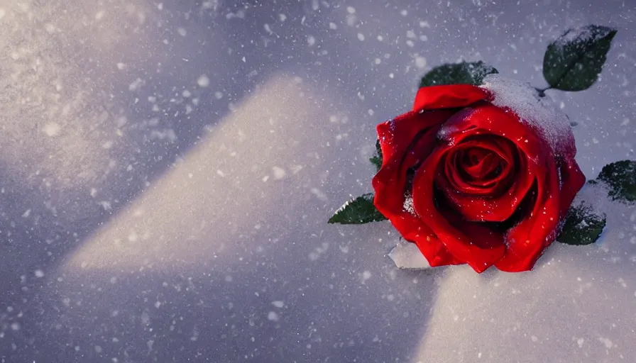 Image similar to red rose in the snow, sunlight, volumetric light, hyperdetailed, artstation, cgsociety, 8 k