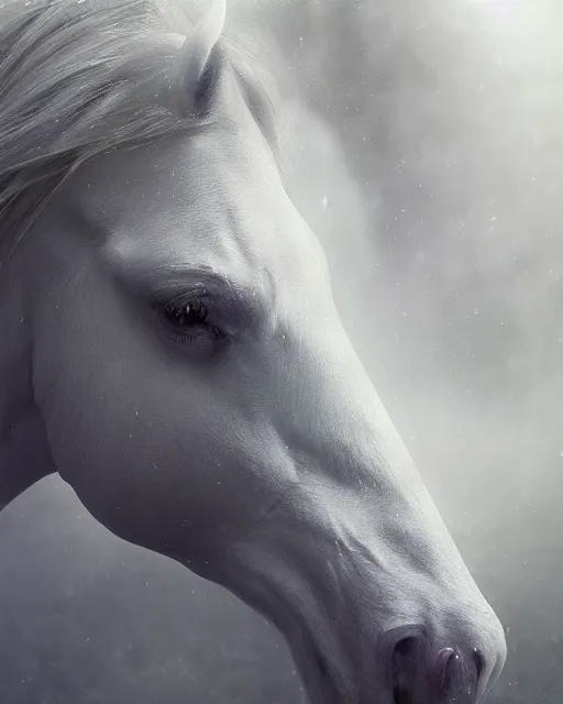 Prompt: 2 8 mm closeup portrait of a white fantasy horse, particle effects, ethereal, dreamy, backlit, highly detailed, soft ambient lighting, sharp focus, rule of thirds, artgerm, wlop, arney freytag, rossdraws, frank frazetta, andrei riabovitchev, hd, octane, 4 k