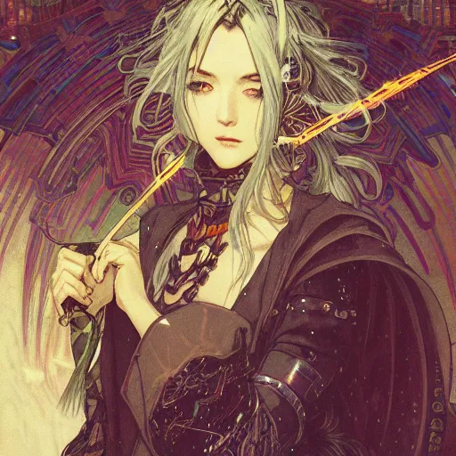 Image similar to detailed portrait of cyberpunk wizard, wizard magic staff, casting a spell, elite, elegant, concept art, intricate complexity, by shigenori soejima, krenz cushart, alphonse mucha, takato yamamoto, conrad roset, 4 k, beautiful, cinematic dramatic atmosphere