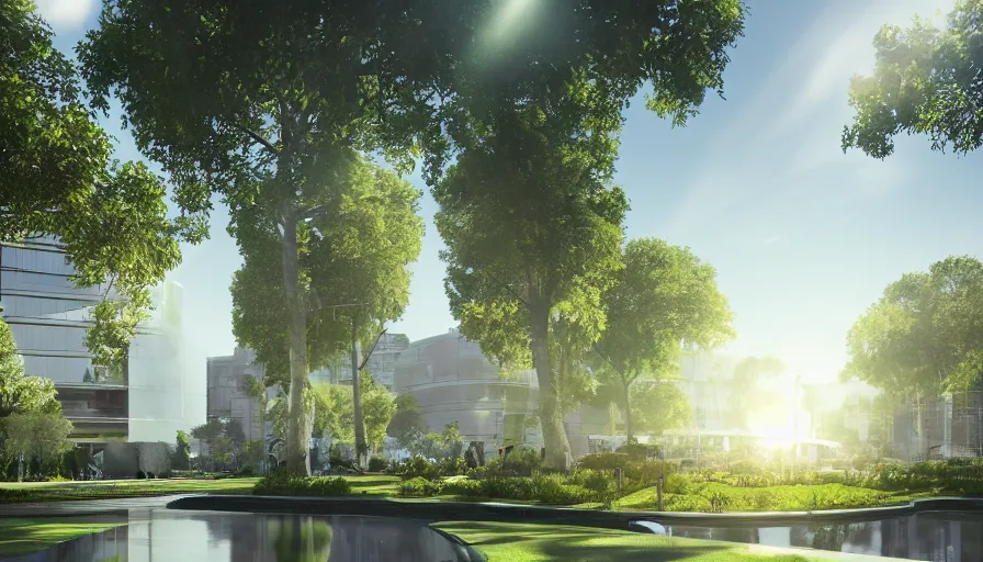 Image similar to futuristic pariss with green square, trees and a fountain, sunny day, reflections, volumetric lights, white buildings, offices, apartments, hyperdetailed, artstation, cgsociety, 8 k