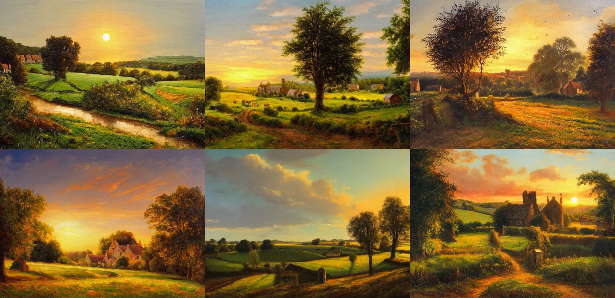 Prompt: beautiful oil landscape painting of an old quaint English village in the countryside, fields, sunset, ambient light, high detail