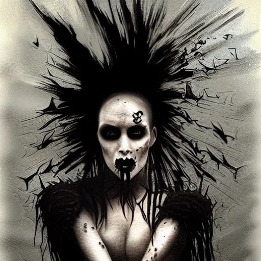 Prompt: portrait painting of a hideous goth girl with a mohawk and rotten skin screaming, sharp focus, ultra realistic, concept art, intricate details, eerie, highly detailed, photorealistic, dark, black and white, rpg art vampire the masquerade. art by tim bradstreet