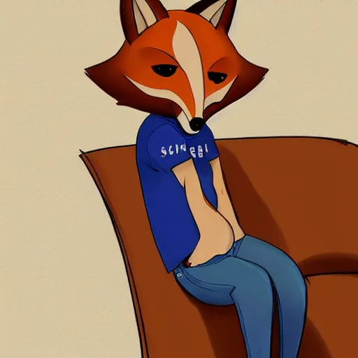 Prompt: an anthropomorphic fox wearing a t-shirt and jeans sitting on a couch, DeviantArt, Artstation, furry, furry, furry, furry, furry, anthro, anthropomorphic, furaffinity, cartoon, disney