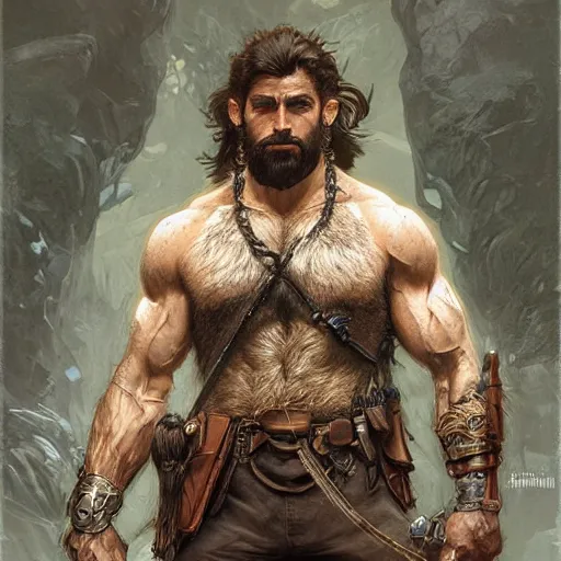 Image similar to portrait of a gruff ranger, muscular, upper body, hairy body, D&D, fantasy, intricate, elegant, highly detailed, digital painting, artstation, concept art, matte, sharp focus, illustration, art by Artgerm and Greg Rutkowski and Alphonse Mucha