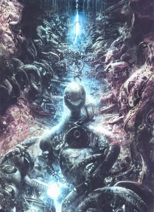 Image similar to astronauts in dark void underwater - complex and hyperdetailed technical suit. reflection and dispersion materials. rays and dispersion of light. volumetric light. f / 3 2. noise film photo. flash photography. ultra realistic, wide angle. poster by wayne barlowe, hajime sorayama aaron horkey, craig mullins