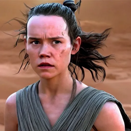 Image similar to a film still of rey skywalker in star wars realistic, detailed