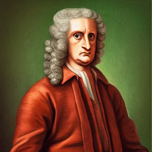 Image similar to a portrait of Isaac Newton with a green apple on his head, 8k, HDR, CG Society
