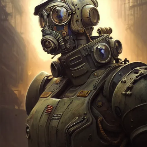 Image similar to portrait painting of a post - apocalyptic blonde soldier wearing dieselpunk power armor, ultra realistic, concept art, intricate details, eerie, highly detailed, photorealistic, octane render, 8 k, unreal engine. art by artgerm and greg rutkowski and charlie bowater and magali villeneuve and alphonse mucha