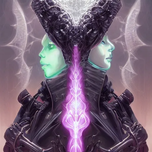 Image similar to a portrait of gemini light and dark neon grim reaper character portrait made of fractals facing each other, ultra realistic, wide angle, intricate details, the fifth element artifacts, highly detailed by peter mohrbacher, hajime sorayama, wayne barlowe, boris vallejo, aaron horkey, gaston bussiere, craig mullins