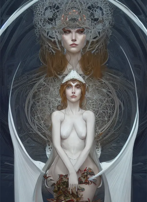 Prompt: symmetry!! white witch, machine parts embedded into face, intricate, elegant, highly detailed, digital painting, artstation, concept art, smooth, sharp focus, illustration, art by artgerm and greg rutkowski and alphonse mucha, 8 k