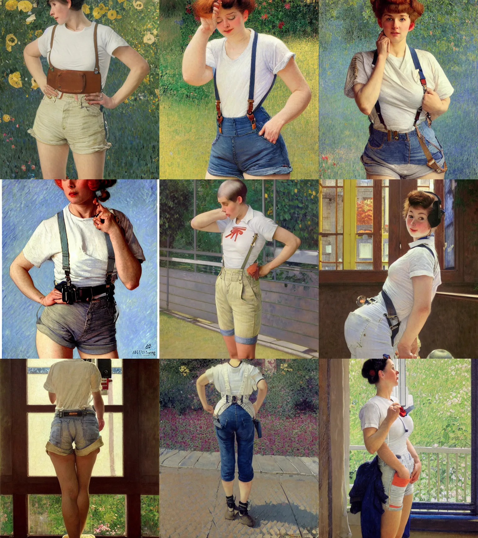 Prompt: a woman with air bangs haircut in shorts with suspenders and white t-shirt drawn by gustave caillebotte, norman rockwell, hajime sorayama, peter paul rubens, alphonse mucha, gustav klimt 4k, unreal 5, DAZ, french noveau, trending on artstation, octane render, hyperrealistic