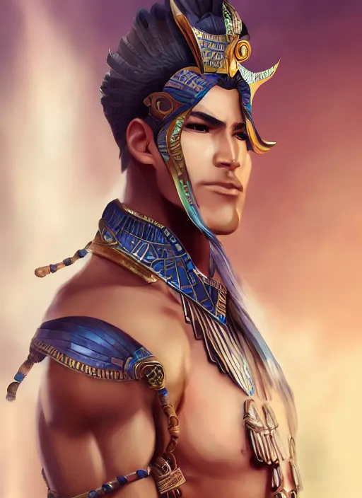 Image similar to detailed beautiful cool male character art depicting a god, egyptian, concept art, depth of field, on amino, by sakimichan patreon, wlop, weibo, bcy. net, colorhub. me high quality art on artstation.