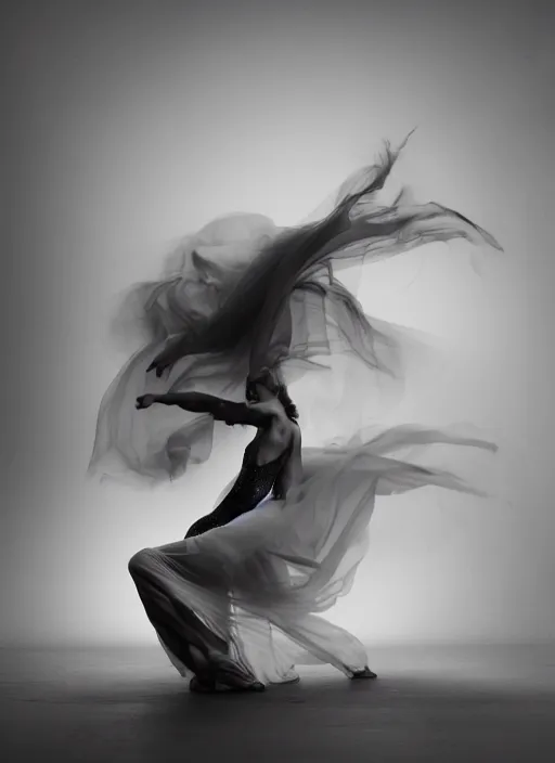 Image similar to a Photorealistic dramatic hyperrealistic render of a glamorous beautiful Female smoke dancer by Ken Brower and Deborah Ory of NYC Dance project,Lois Greenfield,Flowing cloth and smoke,Beautiful dynamic dramatic dark moody lighting,volumetric,shadows,cinematic atmosphere,Octane render,8K