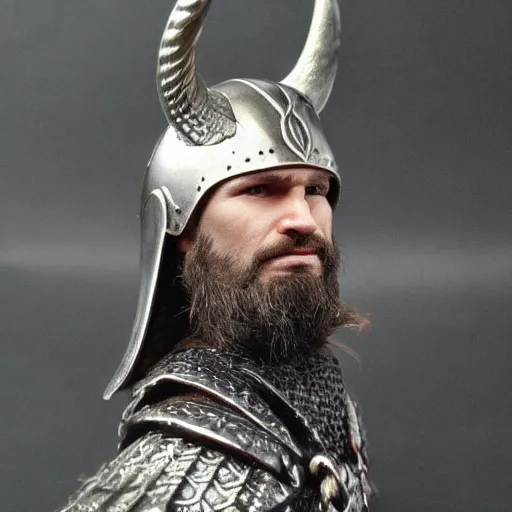 Image similar to of a viking from valhalla, wearing the horned helmet ultra fine detail, hair strands, ultra high resolution, fine texture detail, miniature painting techniques, perfect proportions, marvel cinematic universe, eric bana