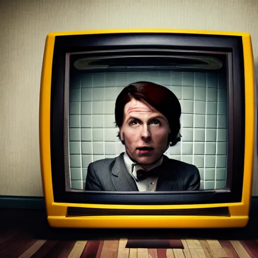 Prompt: a photo of a famous actor trapped inside a television trying to escape, very sharp and detailed 8k photorealistic image, in the style of Wes Anderson