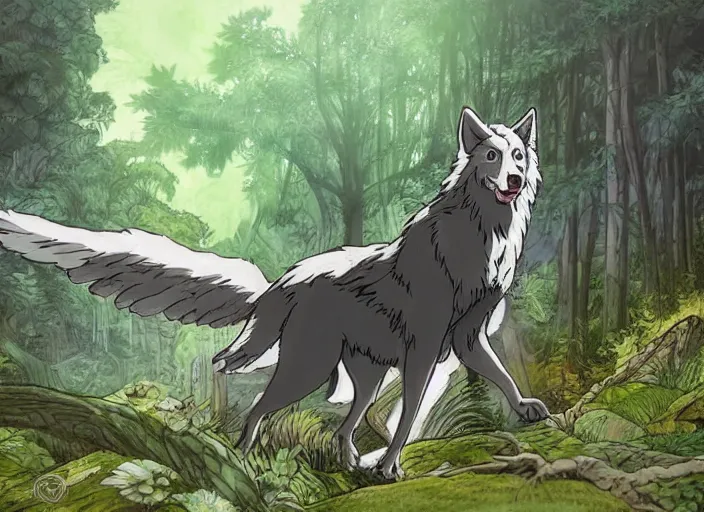 Prompt: a majestic delta wolf spreading his wing in a mythical forest next to a pathway, dark eyes, by ghibli studio and miyasaki, illustration, great composition....